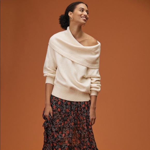 Women's Anthropologie Ivory Slouchy Cowl Neck Sweater - Picture 5 of 14